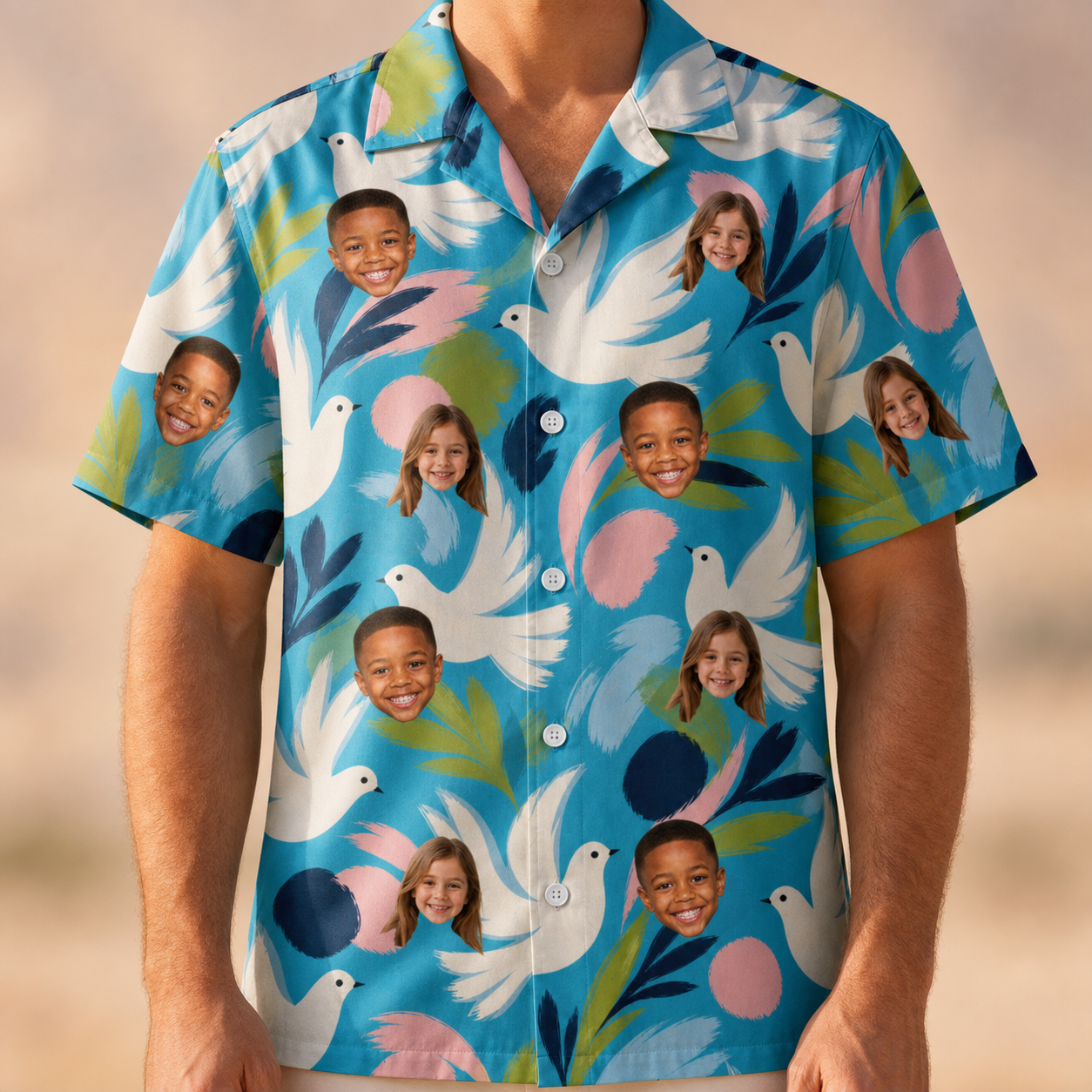 Model wearing Men's Altar Aviary Custom Face Hawaiian Shirt printed with kids' faces