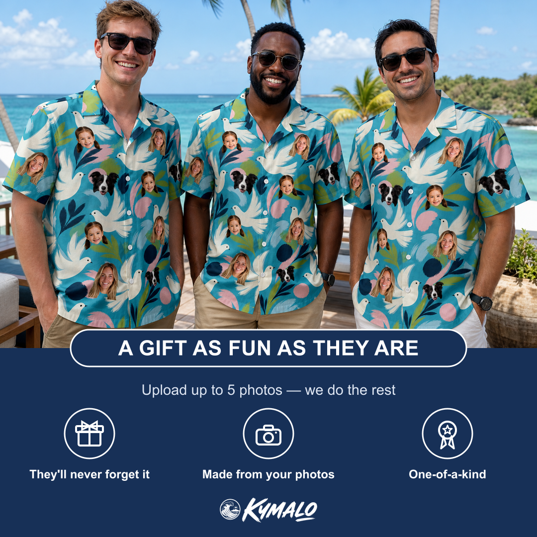 Friends in matching Men's Altar Aviary Custom Face Hawaiian Shirt — a group gift photo