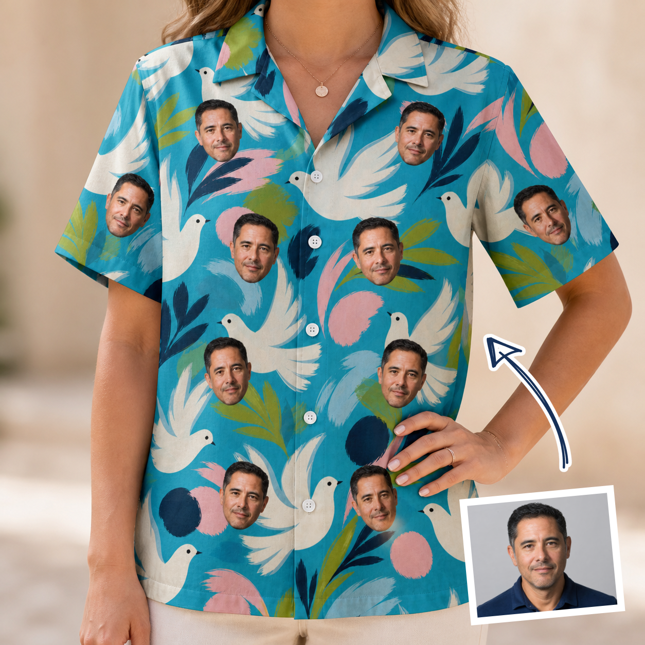Woman wearing Women's Altar Aviary Custom Face Hawaiian Shirt — custom faces printed all-over