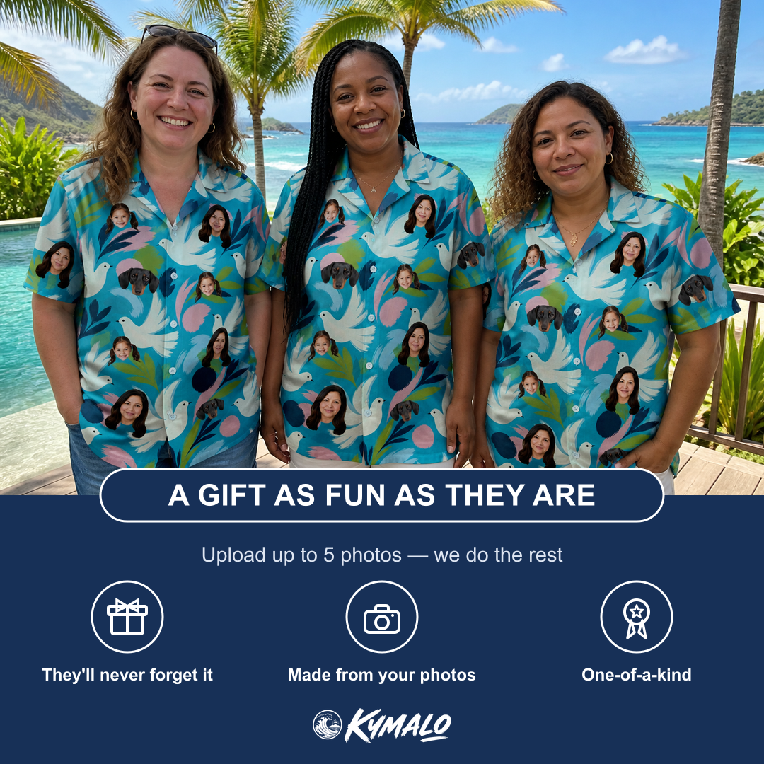Friends in matching Women's Altar Aviary Custom Face Hawaiian Shirt — a group gift photo