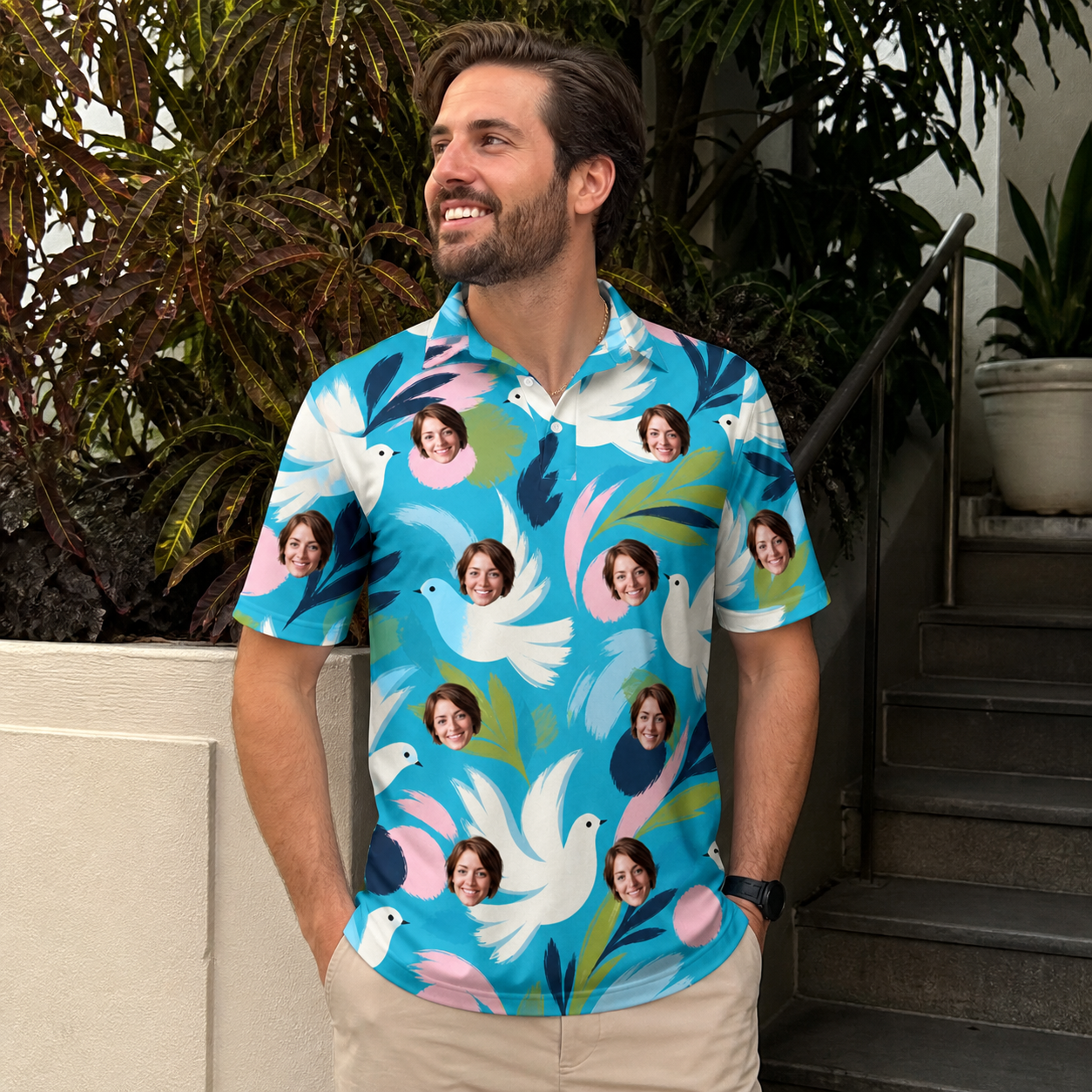 Real-life photo of someone wearing Men's Altar Aviary Custom Face Polo Shirt — custom faces printed all-over