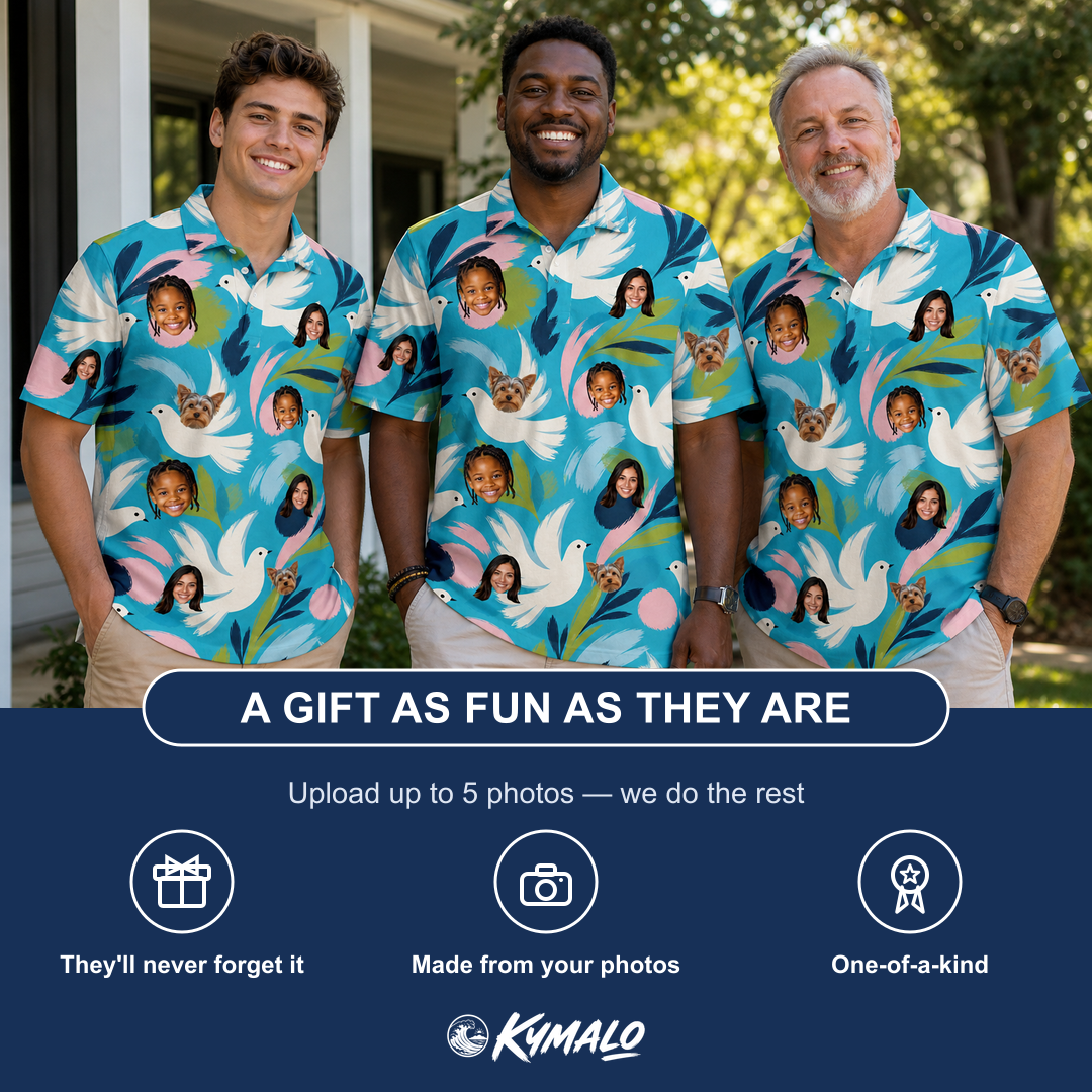 Friends in matching Men's Altar Aviary Custom Face Polo Shirt — a group gift photo