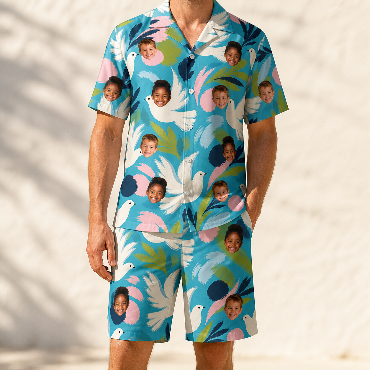 Model wearing Men's Altar Aviary Custom Face Shirt & Shorts Set printed with kids' faces