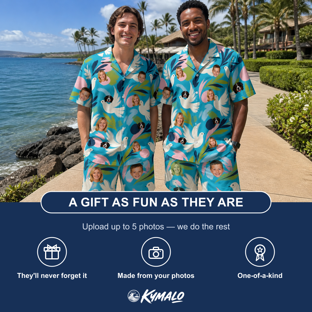 Friends in matching Men's Altar Aviary Custom Face Shirt & Shorts Set — a group gift photo