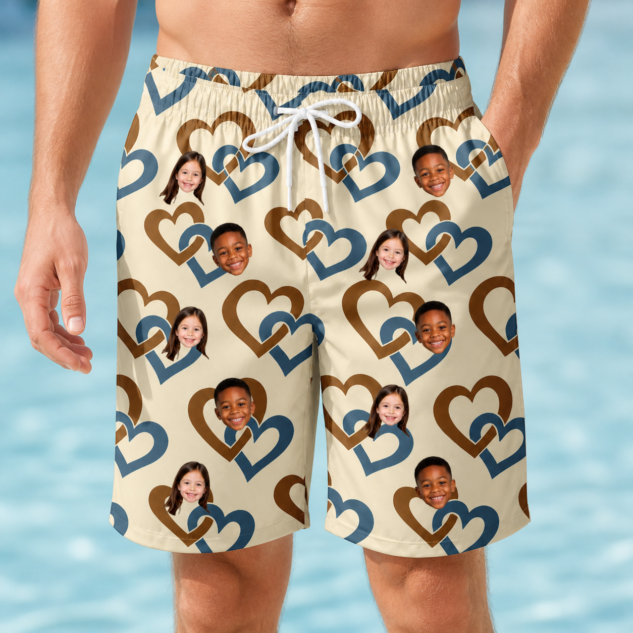 Model wearing Men's Cove Connections Custom Face Beach Shorts printed with kids' faces