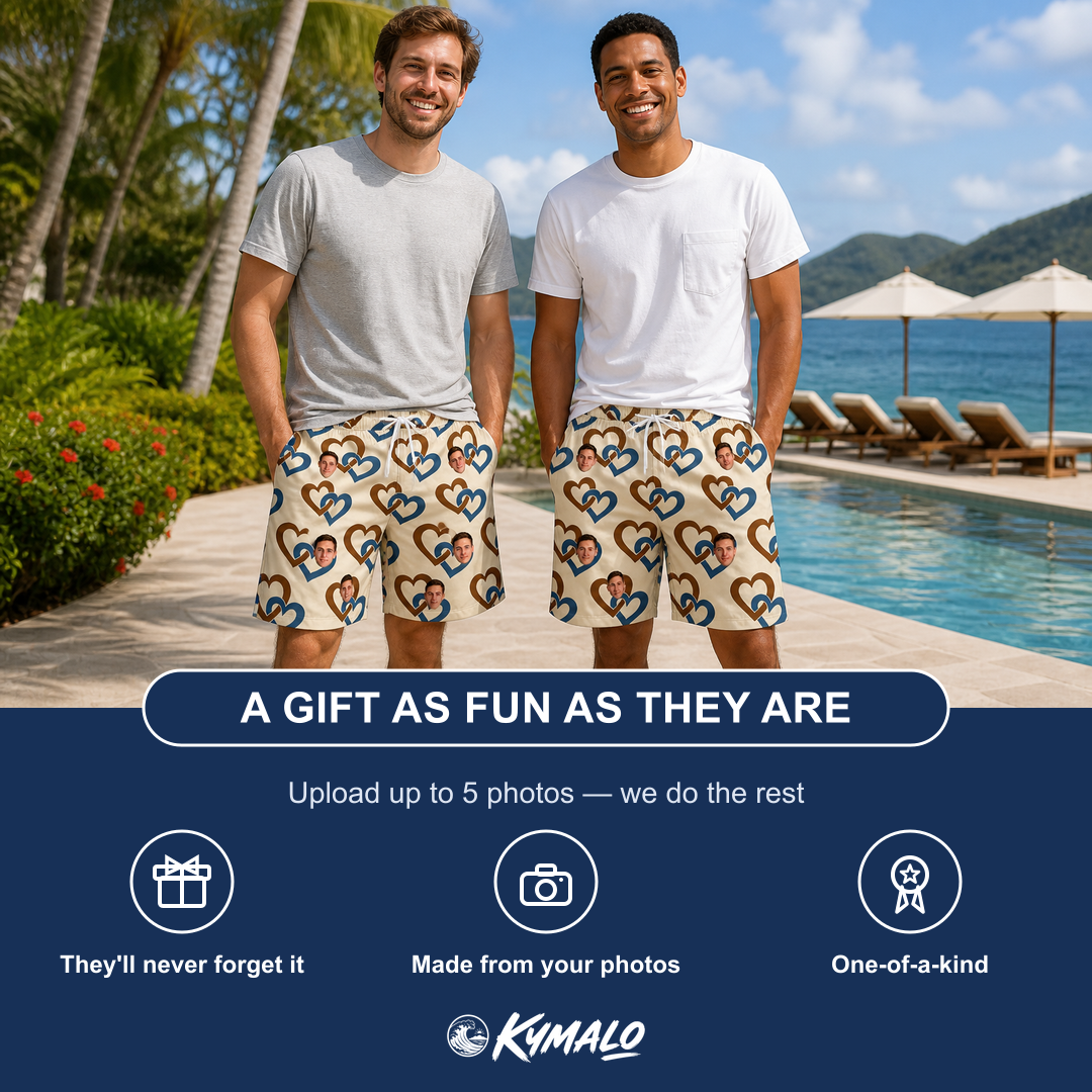 Friends in matching Men's Cove Connections Custom Face Beach Shorts — a group gift photo