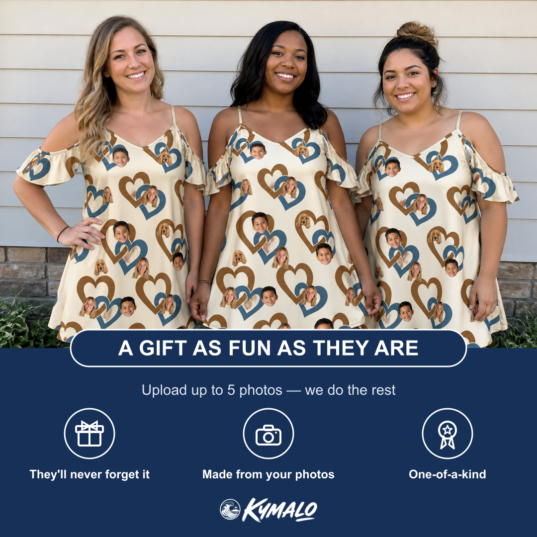 Friends in matching Women's Cove Connections Custom Face Off-Shoulder Dress — a group gift photo