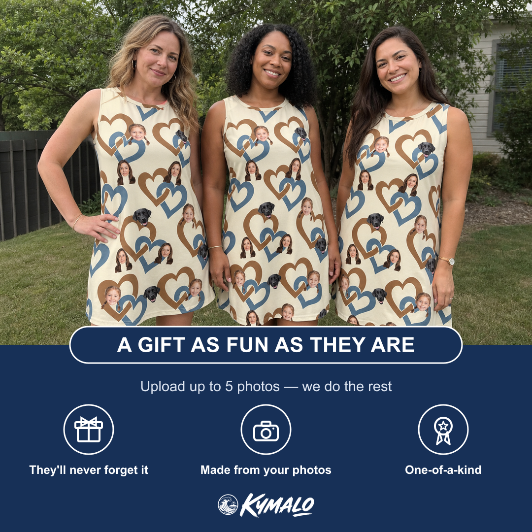 Friends in matching Women's Cove Connections Custom Face Tank Dress — a group gift photo