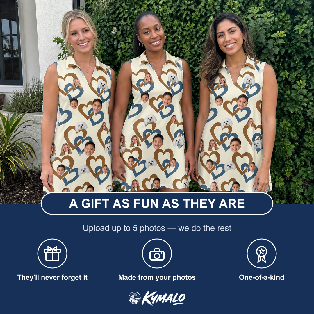Friends in matching Women's Cove Connections Custom Face V-Neck Dress — a group gift photo