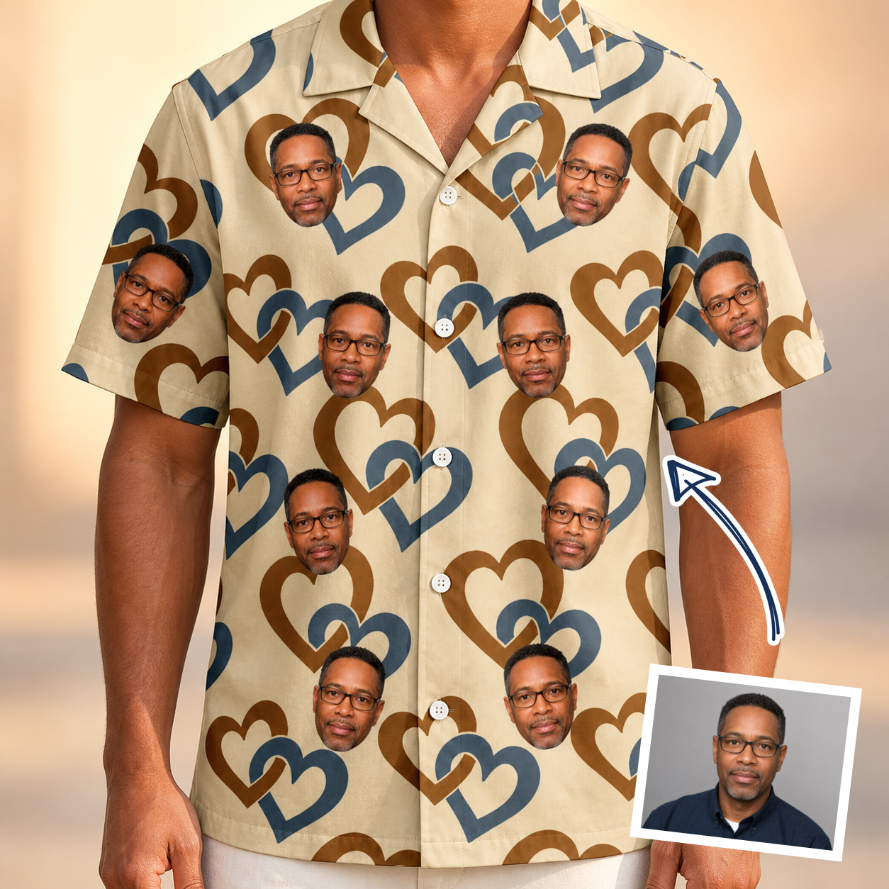 Man wearing Men's Cove Connections Custom Face Hawaiian Shirt — custom faces printed all-over