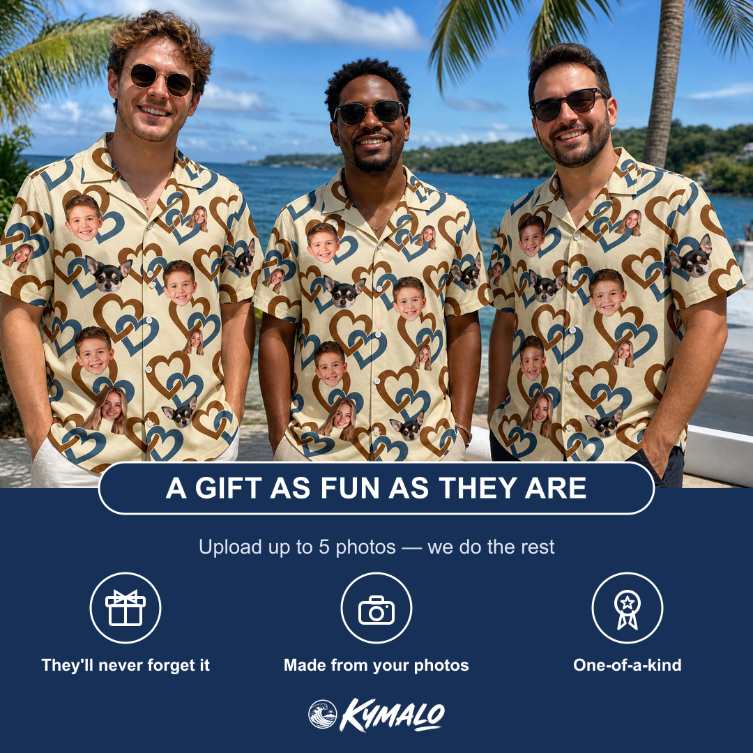 Friends in matching Men's Cove Connections Custom Face Hawaiian Shirt — a group gift photo