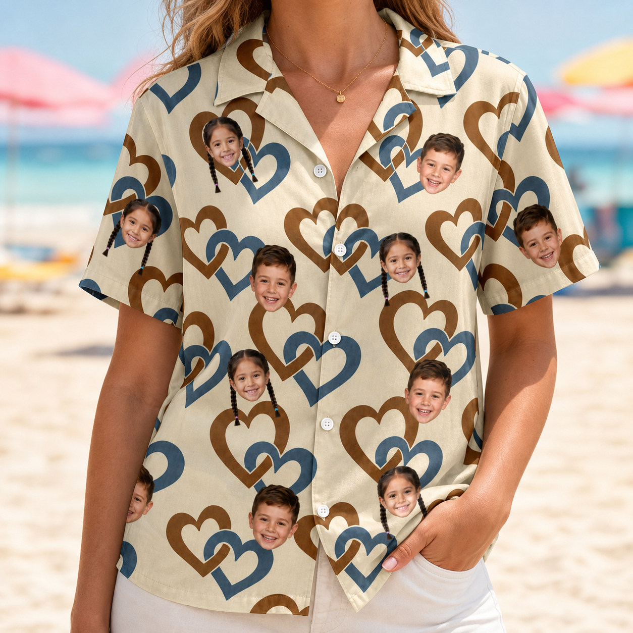 Model wearing Women's Cove Connections Custom Face Hawaiian Shirt printed with kids' faces