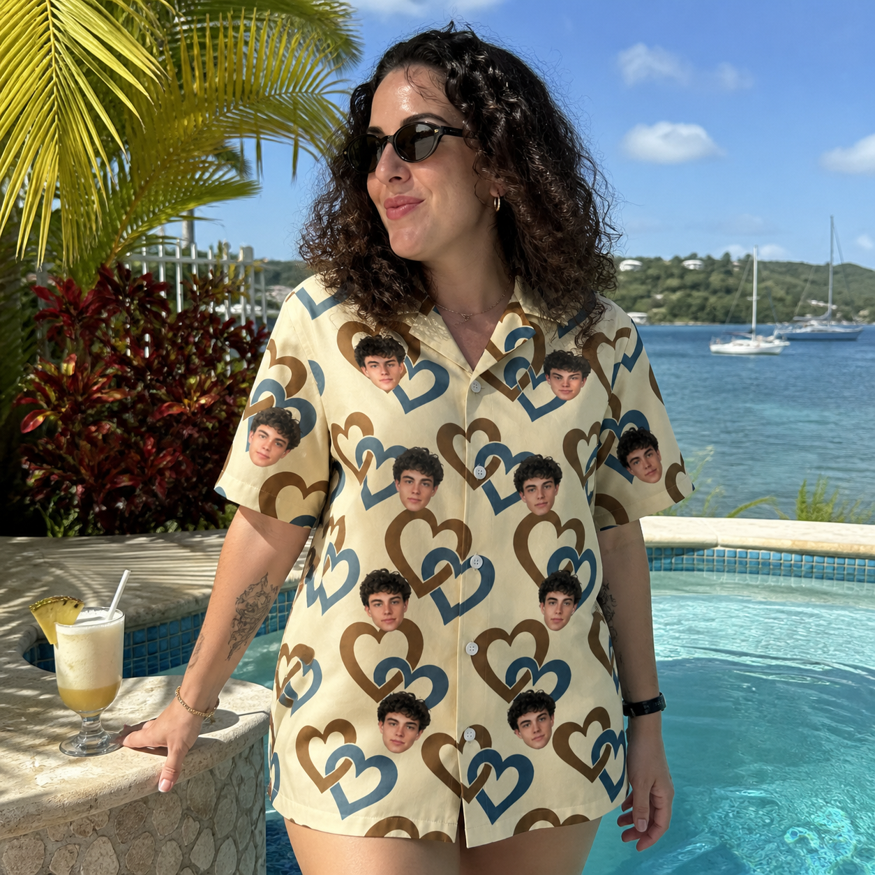 Real-life photo of someone wearing Women's Cove Connections Custom Face Hawaiian Shirt — custom faces printed all-over