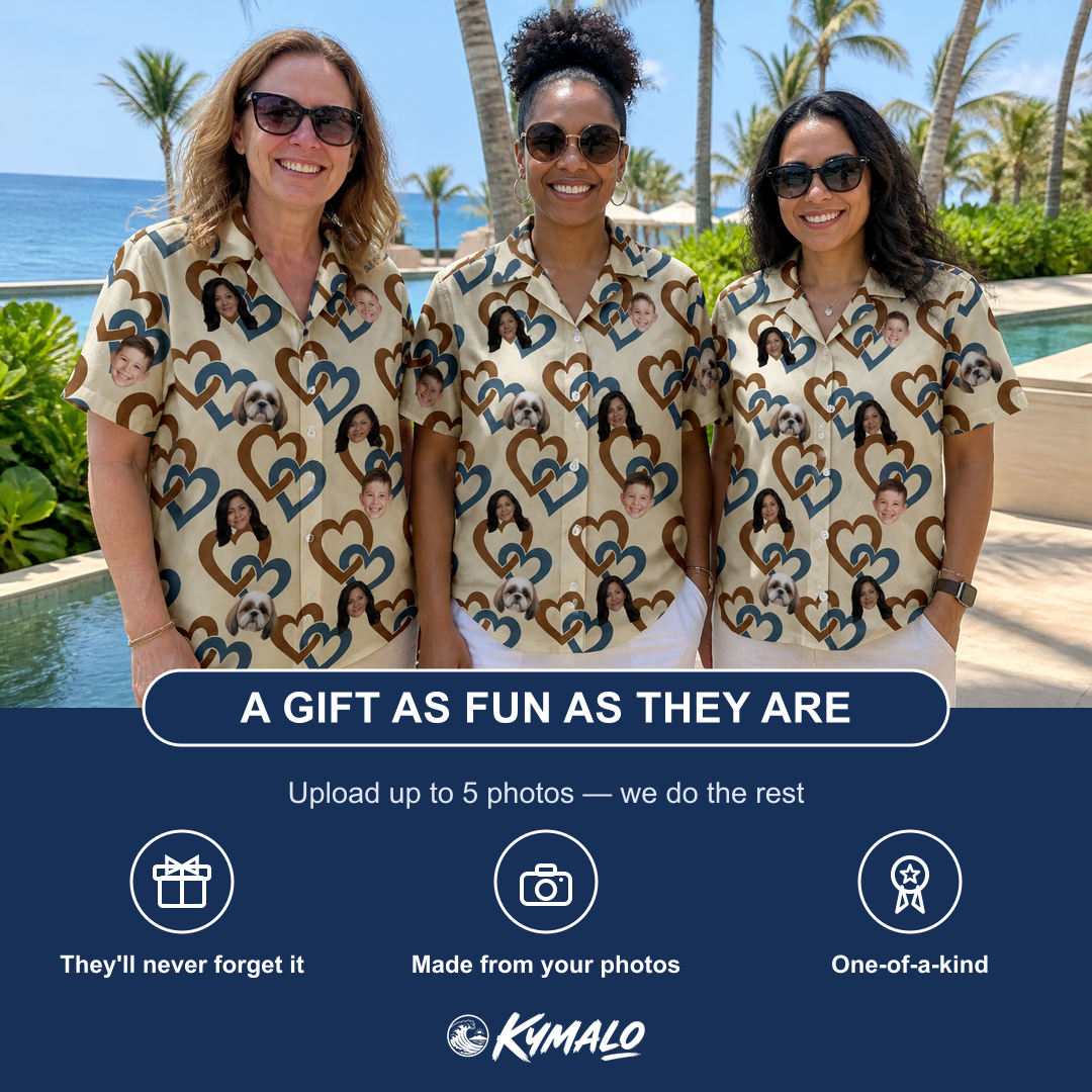 Friends in matching Women's Cove Connections Custom Face Hawaiian Shirt — a group gift photo