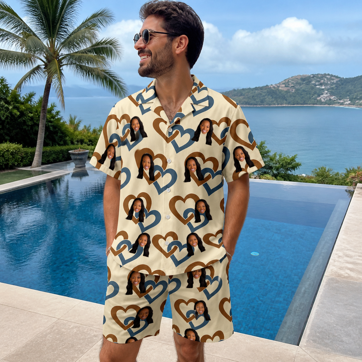 Real-life photo of someone wearing Men's Cove Connections Custom Face Shirt & Shorts Set — custom faces printed all-over