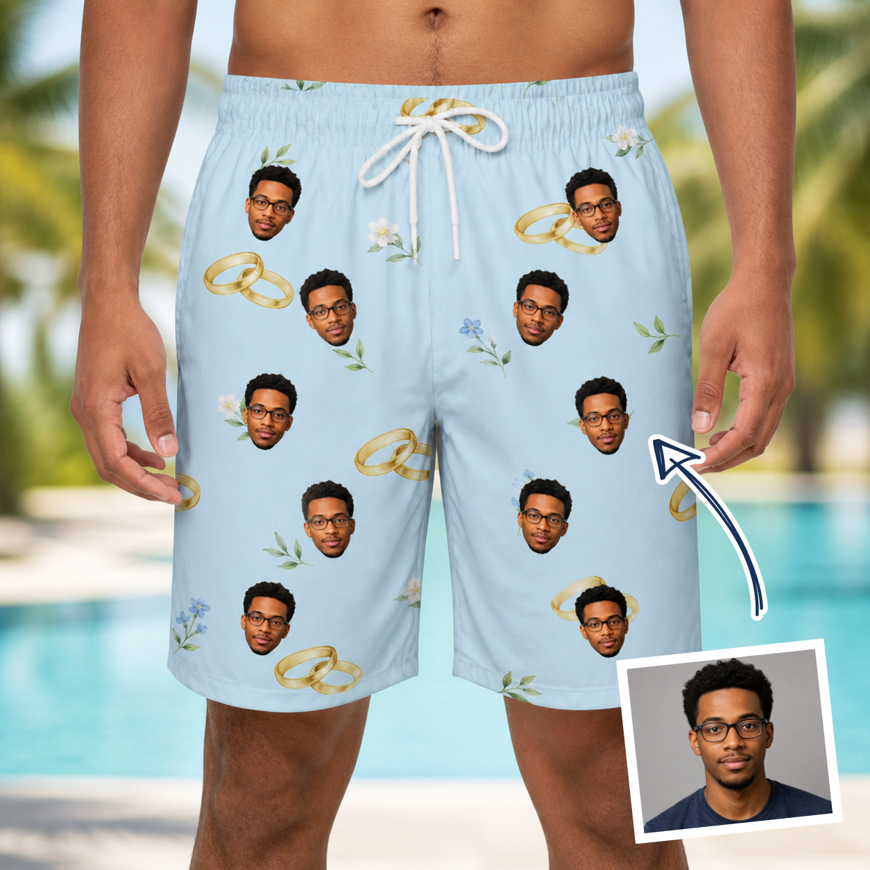 Man wearing Men's Sandbar Signets Custom Face Beach Shorts — custom faces printed all-over