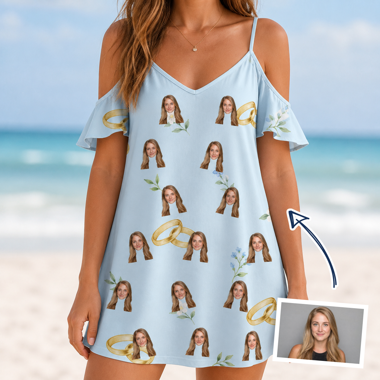 Woman wearing Women's Sandbar Signets Custom Face Off-Shoulder Dress — custom faces printed all-over