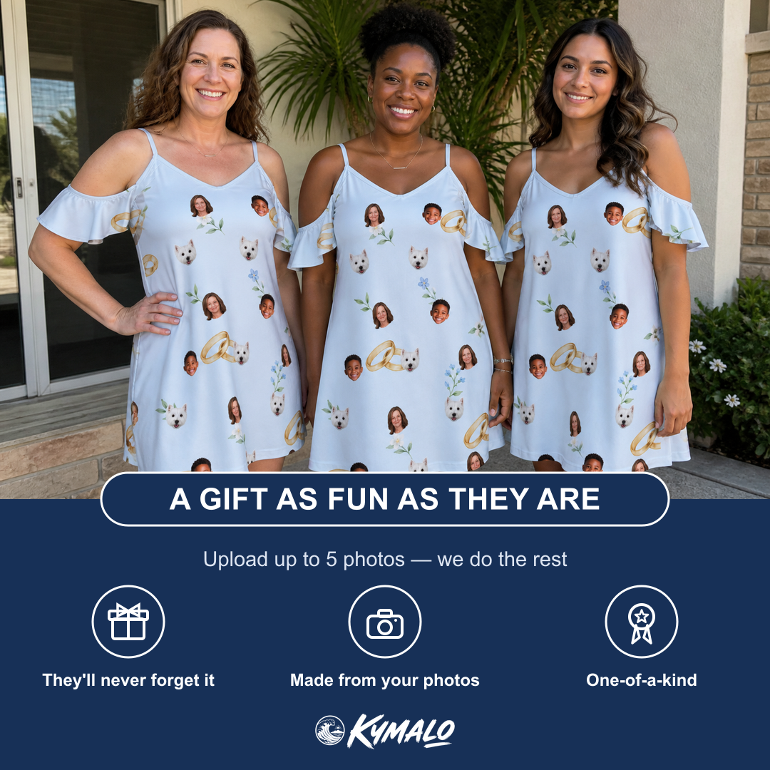 Friends in matching Women's Sandbar Signets Custom Face Off-Shoulder Dress — a group gift photo