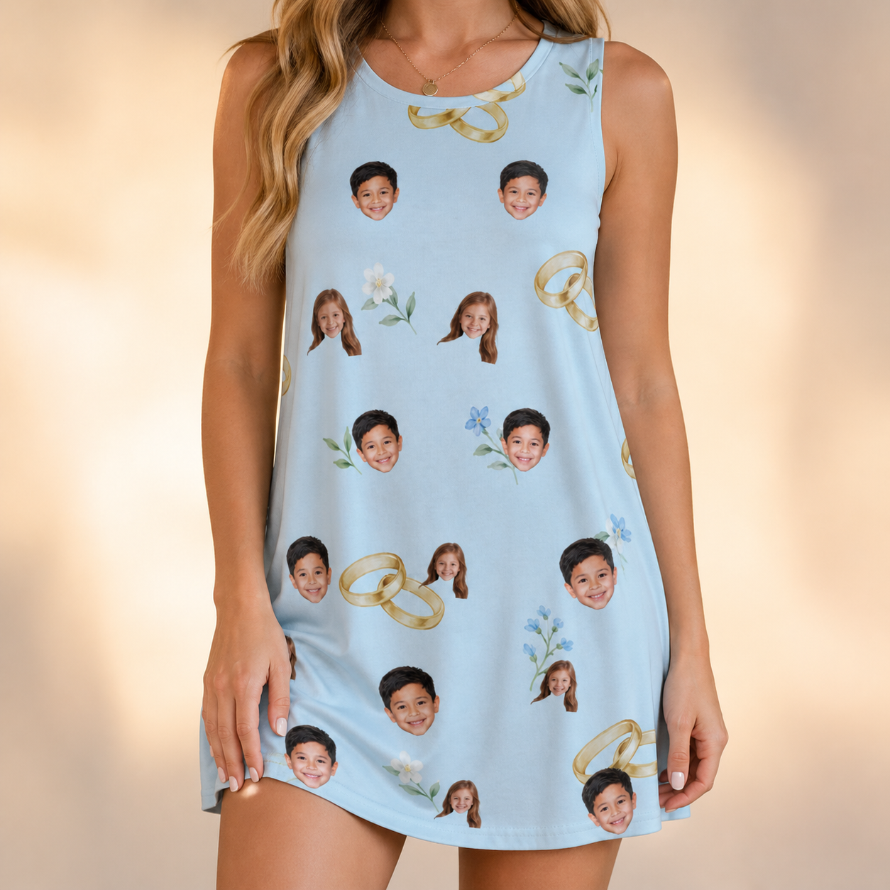 Model wearing Women's Sandbar Signets Custom Face Tank Dress printed with kids' faces