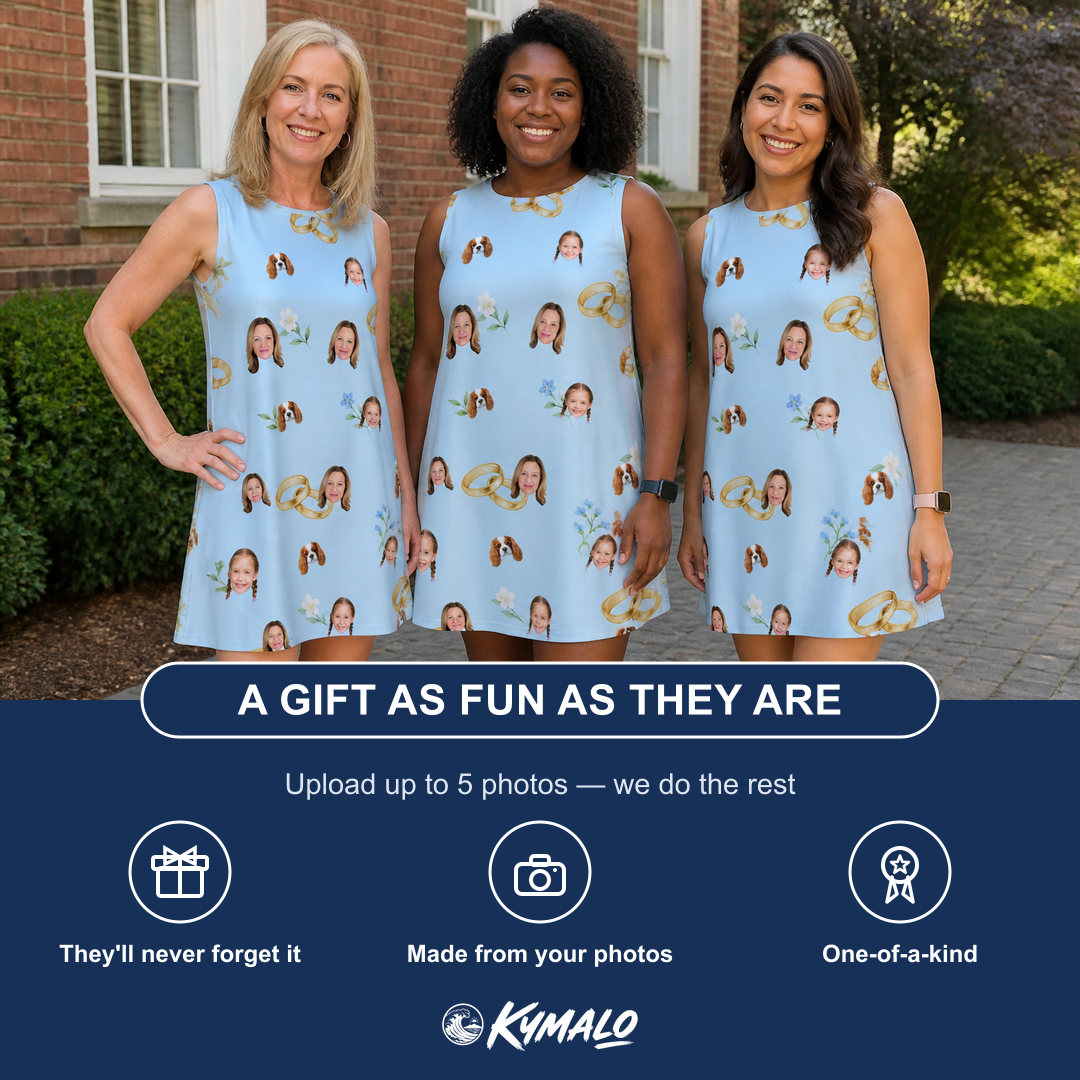 Friends in matching Women's Sandbar Signets Custom Face Tank Dress — a group gift photo