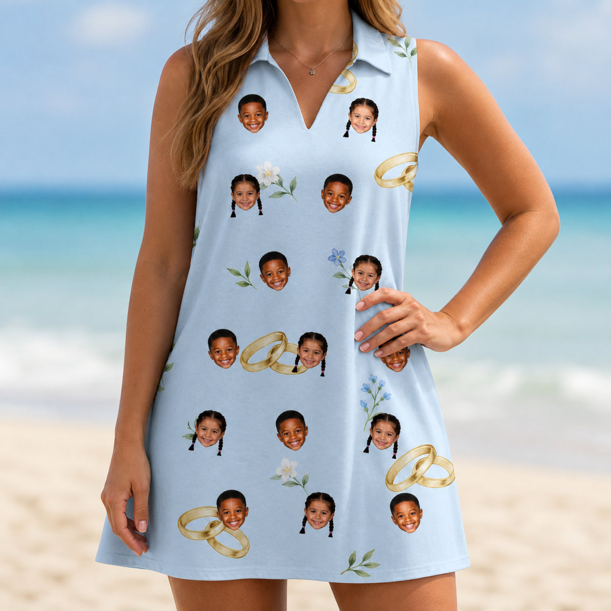 Model wearing Women's Sandbar Signets Custom Face V-Neck Dress printed with kids' faces