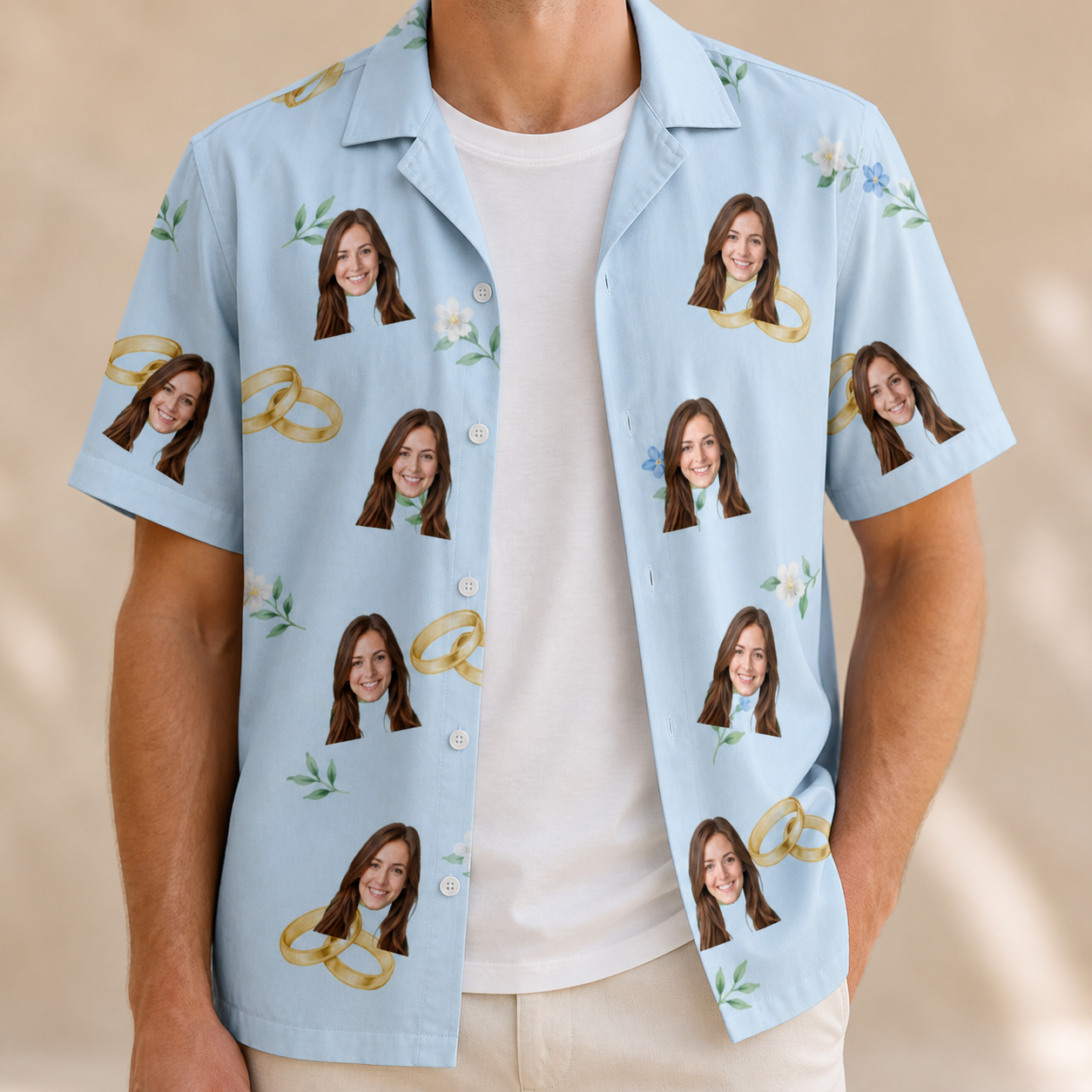 Man wearing Men's Sandbar Signets Custom Face Hawaiian Shirt open over a white tee
