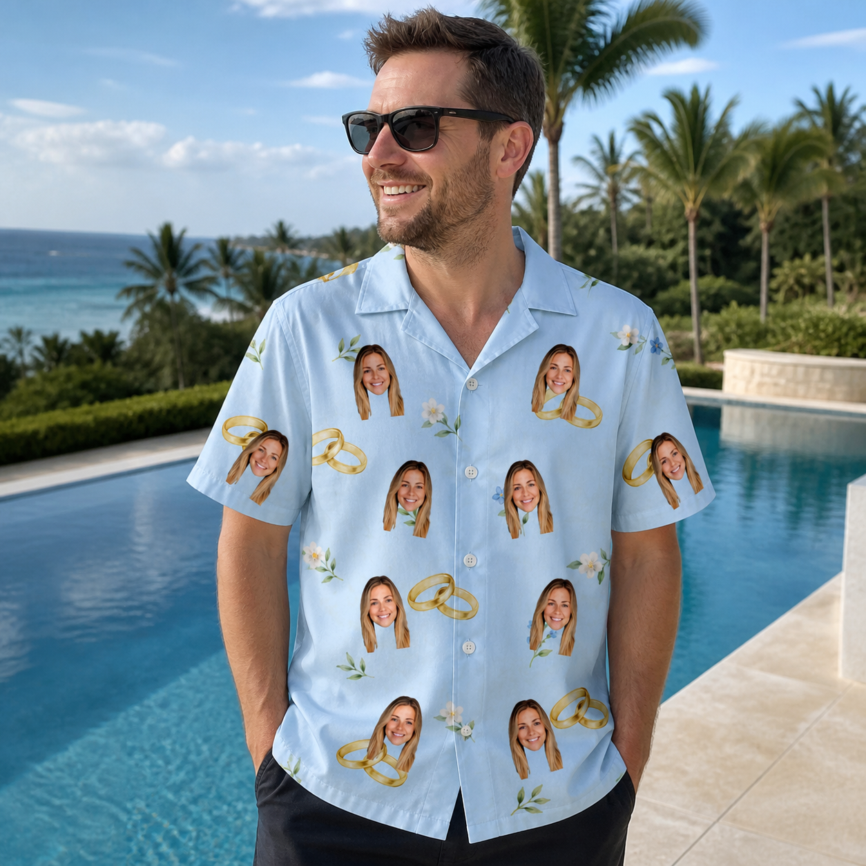 Real-life photo of someone wearing Men's Sandbar Signets Custom Face Hawaiian Shirt — custom faces printed all-over