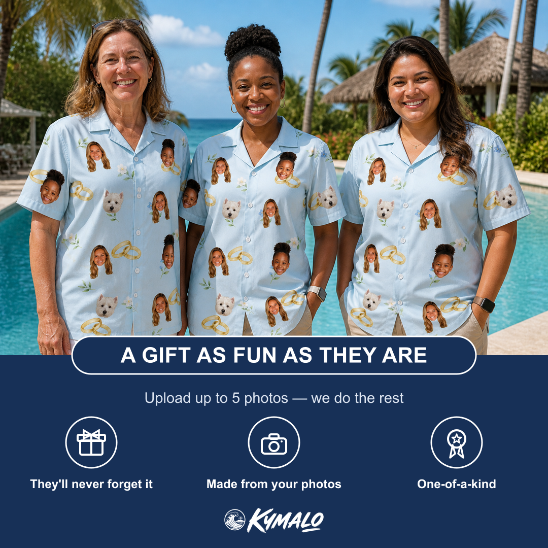 Friends in matching Women's Sandbar Signets Custom Face Hawaiian Shirt — a group gift photo