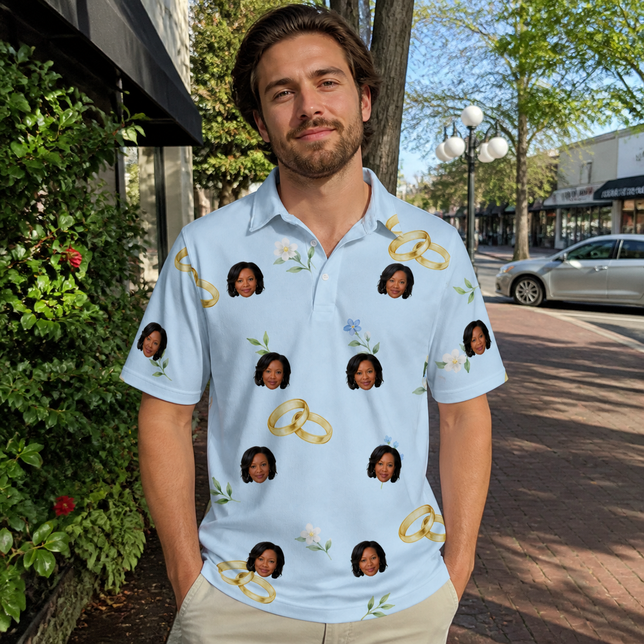Real-life photo of someone wearing Men's Sandbar Signets Custom Face Polo Shirt — custom faces printed all-over