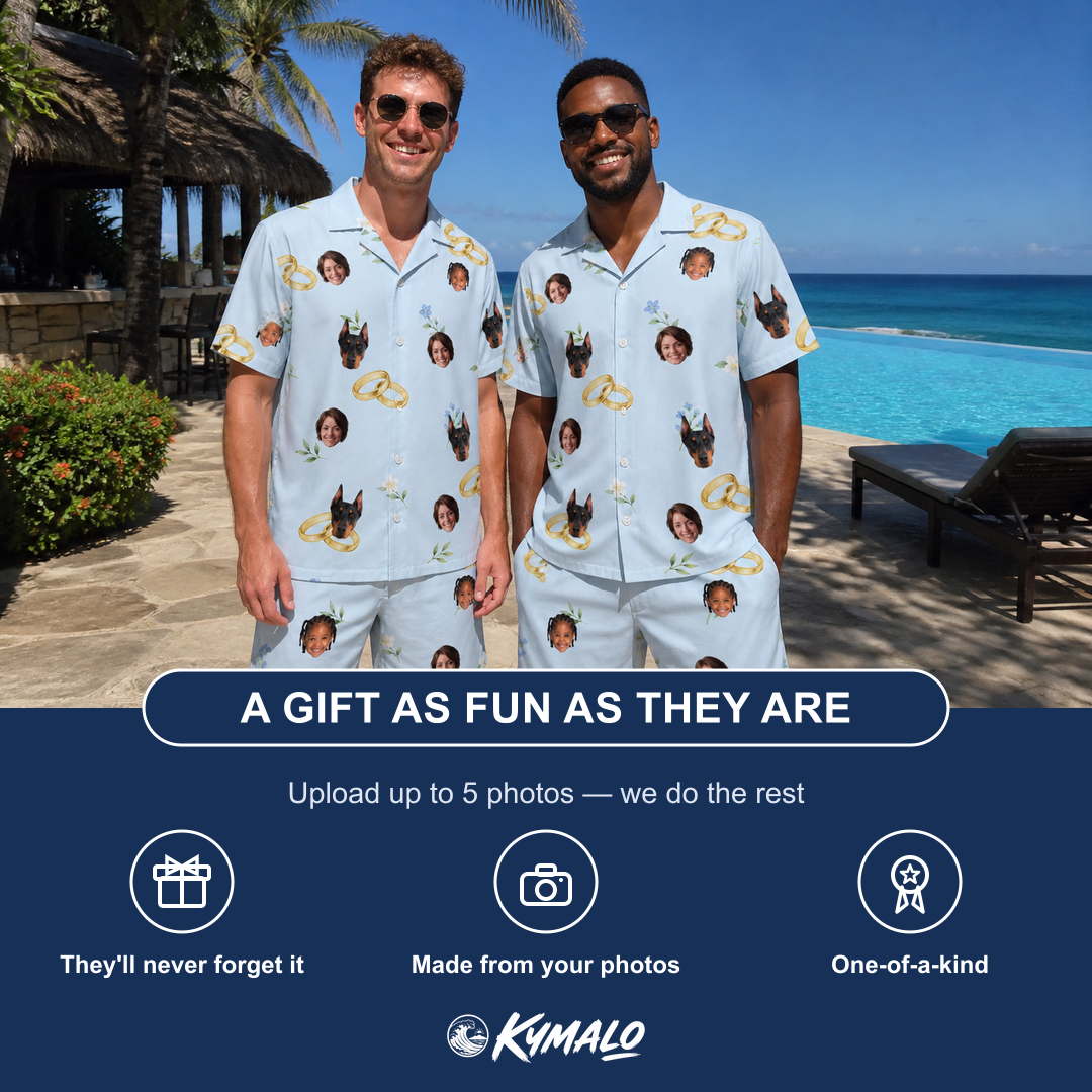 Friends in matching Men's Sandbar Signets Custom Face Shirt & Shorts Set — a group gift photo