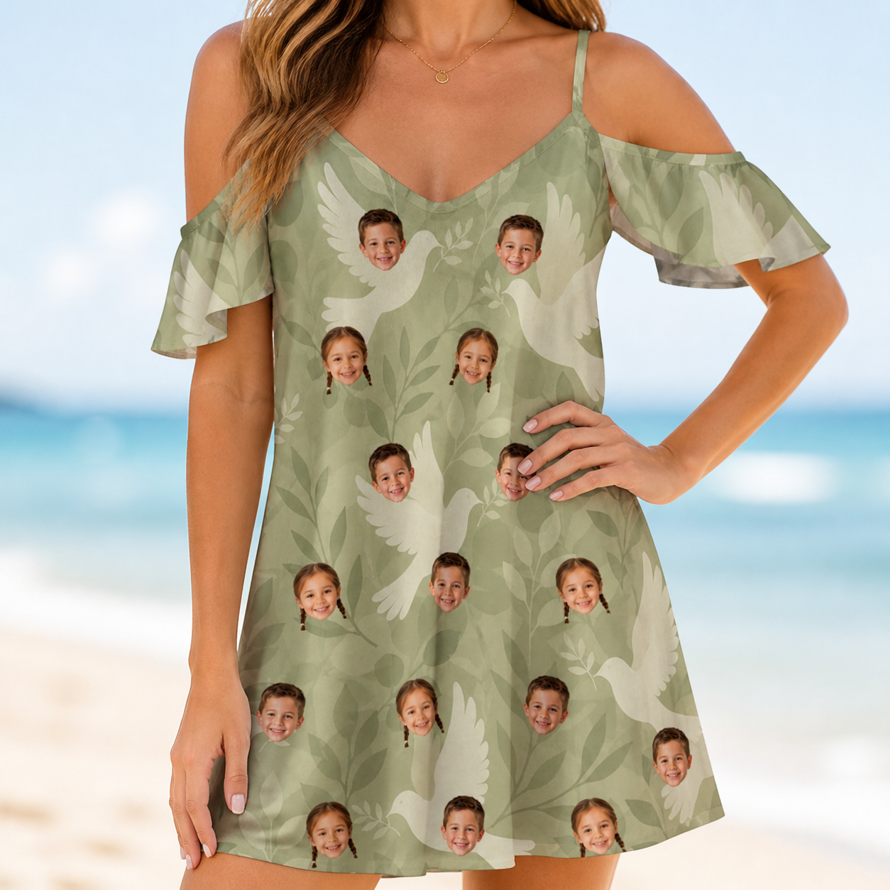 Model wearing Women's Seaglass Serenade Custom Face Off-Shoulder Dress printed with kids' faces