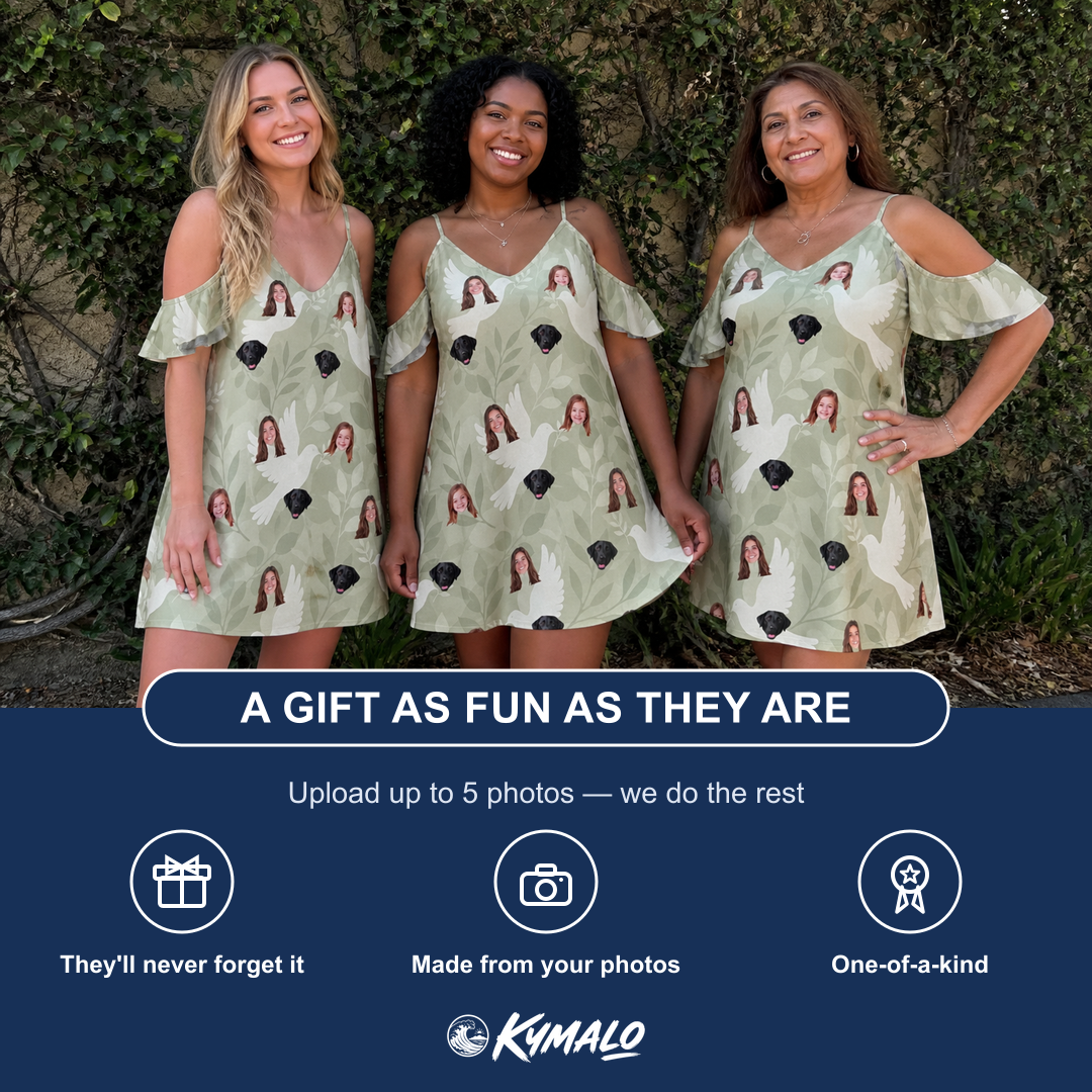 Friends in matching Women's Seaglass Serenade Custom Face Off-Shoulder Dress — a group gift photo