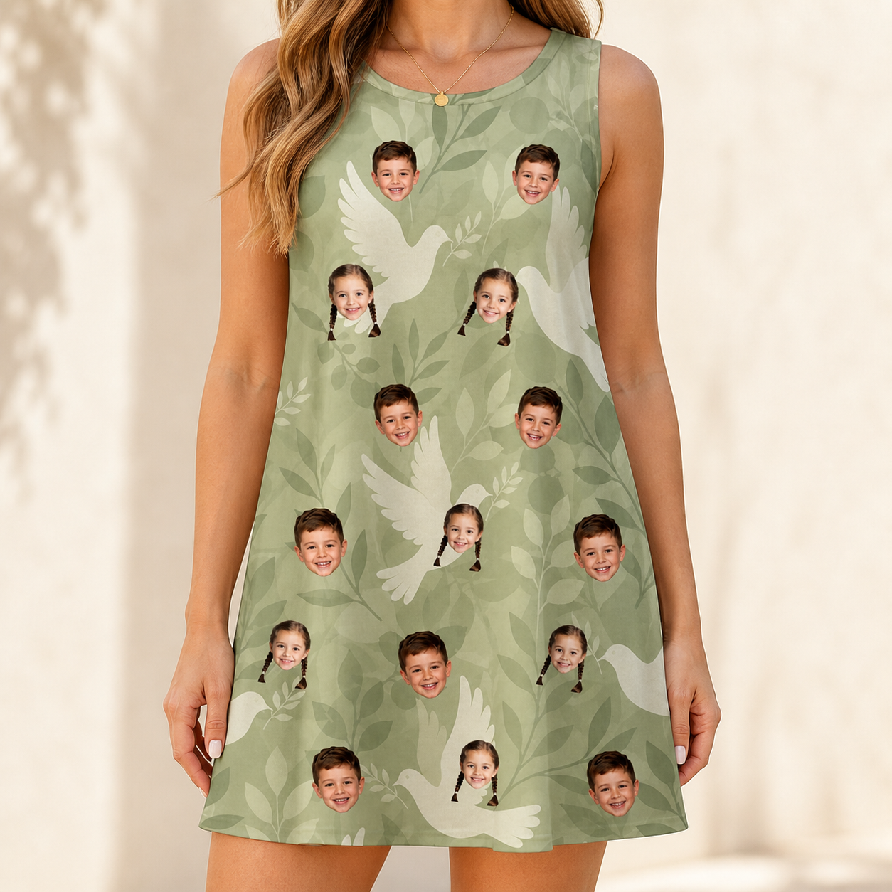 Model wearing Women's Seaglass Serenade Custom Face Tank Dress printed with kids' faces