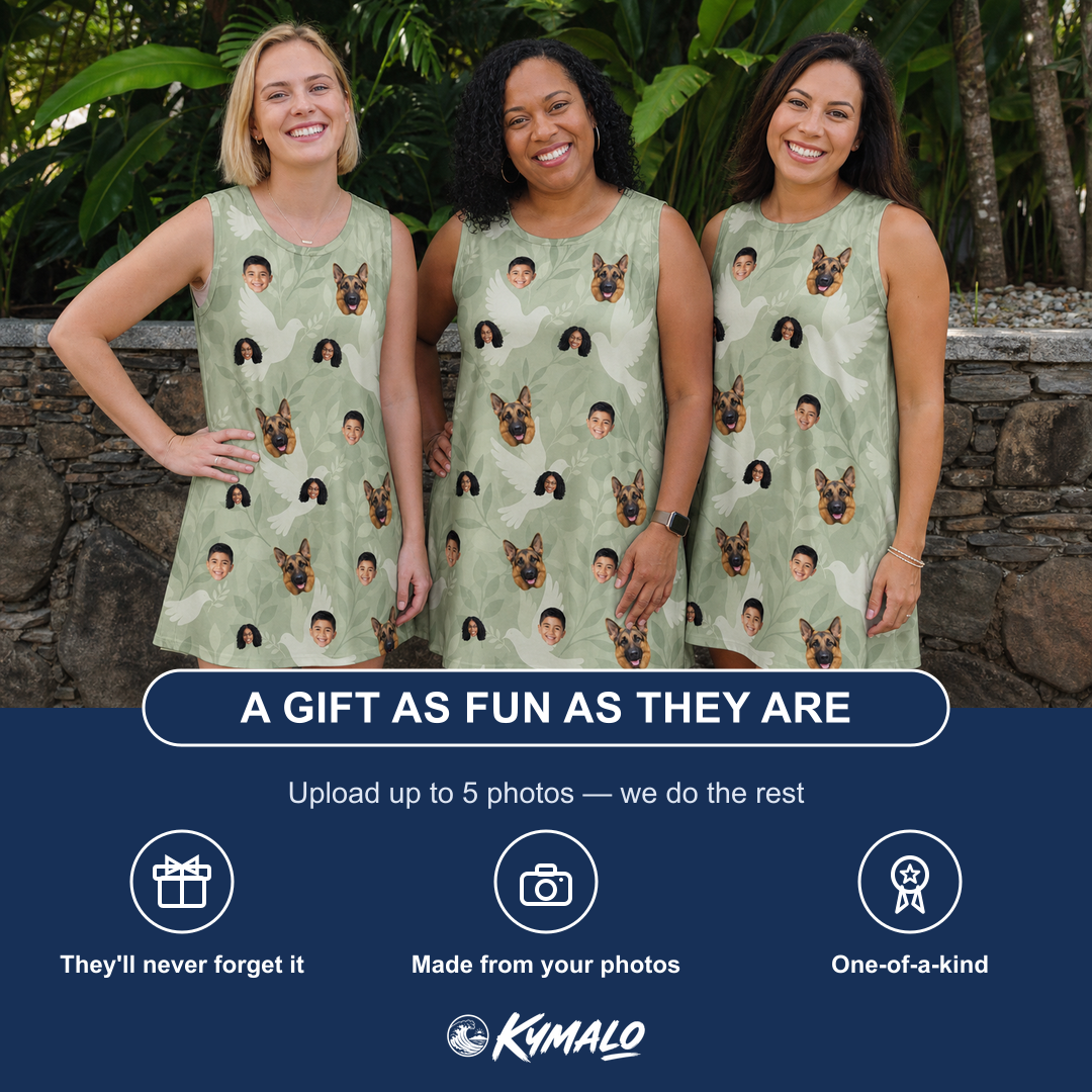 Friends in matching Women's Seaglass Serenade Custom Face Tank Dress — a group gift photo