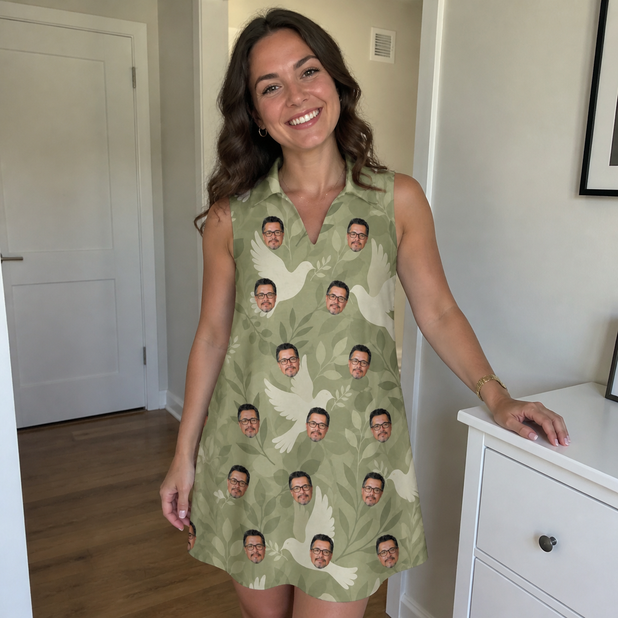 Real-life photo of someone wearing Women's Seaglass Serenade Custom Face V-Neck Dress — custom faces printed all-over