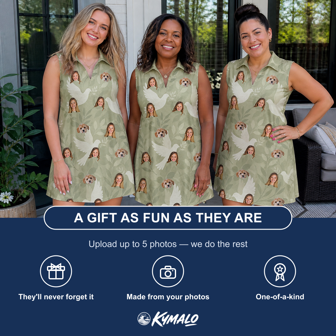 Friends in matching Women's Seaglass Serenade Custom Face V-Neck Dress — a group gift photo