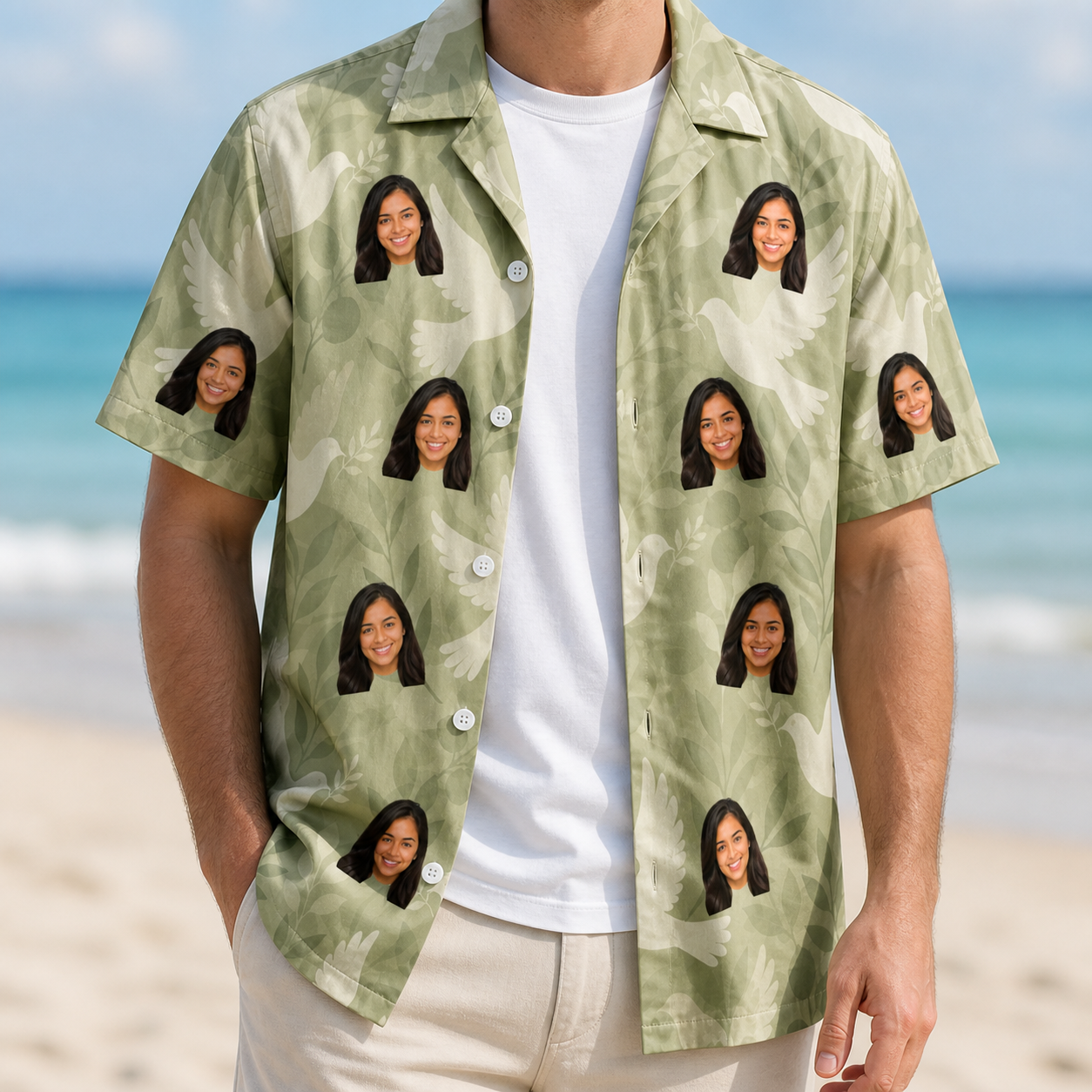 Man wearing Men's Seaglass Serenade Custom Face Hawaiian Shirt open over a white tee