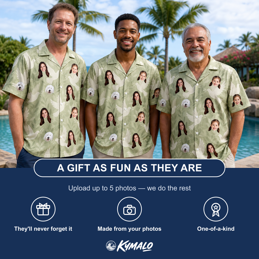 Friends in matching Men's Seaglass Serenade Custom Face Hawaiian Shirt — a group gift photo