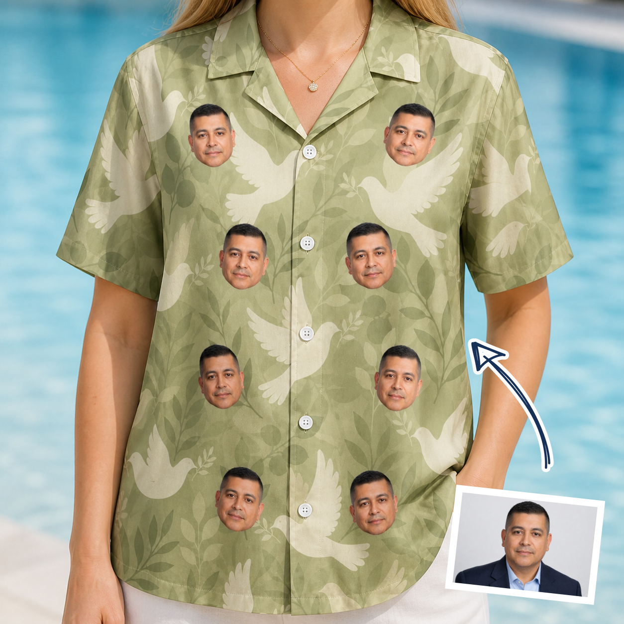 Woman wearing Women's Seaglass Serenade Custom Face Hawaiian Shirt — custom faces printed all-over
