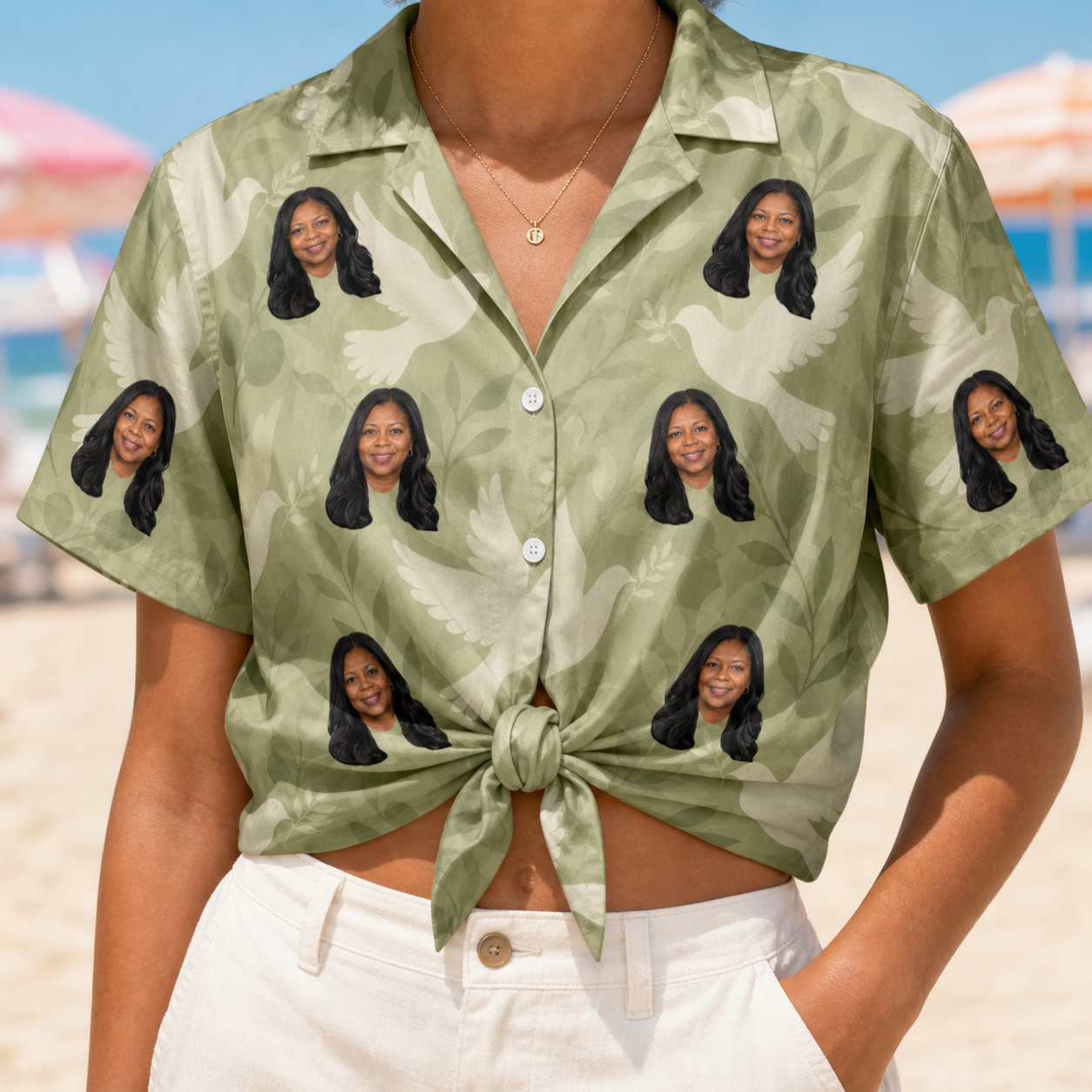 Woman wearing Women's Seaglass Serenade Custom Face Hawaiian Shirt tied at the waist