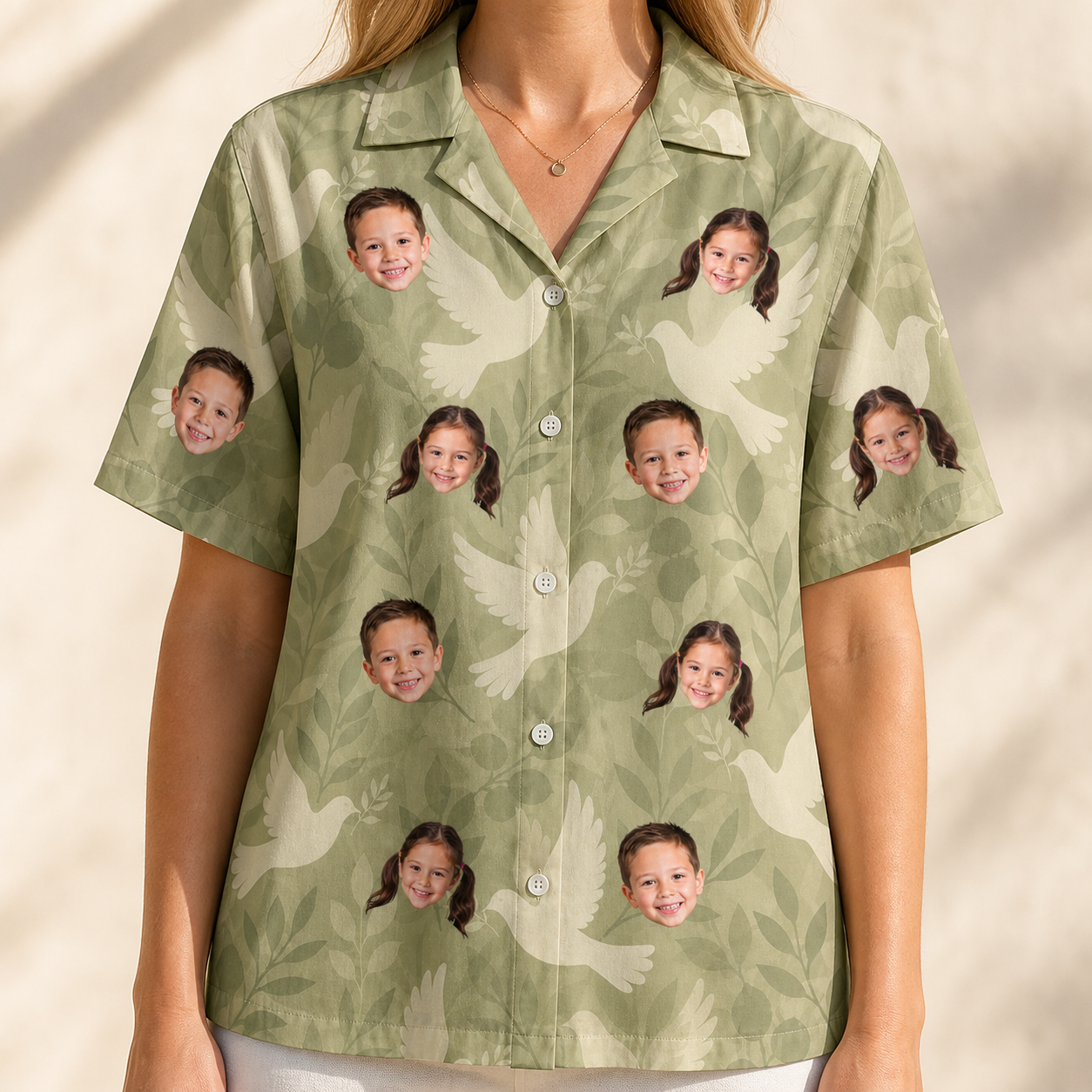 Model wearing Women's Seaglass Serenade Custom Face Hawaiian Shirt printed with kids' faces