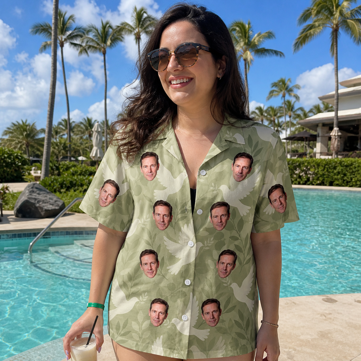 Real-life photo of someone wearing Women's Seaglass Serenade Custom Face Hawaiian Shirt — custom faces printed all-over