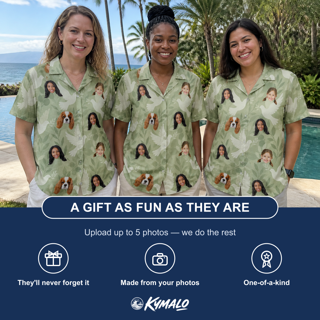 Friends in matching Women's Seaglass Serenade Custom Face Hawaiian Shirt — a group gift photo