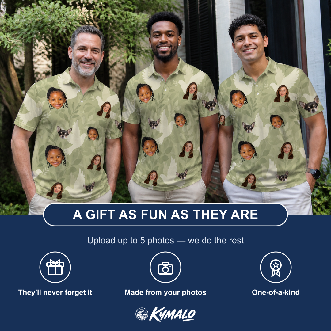 Friends in matching Men's Seaglass Serenade Custom Face Polo Shirt — a group gift photo