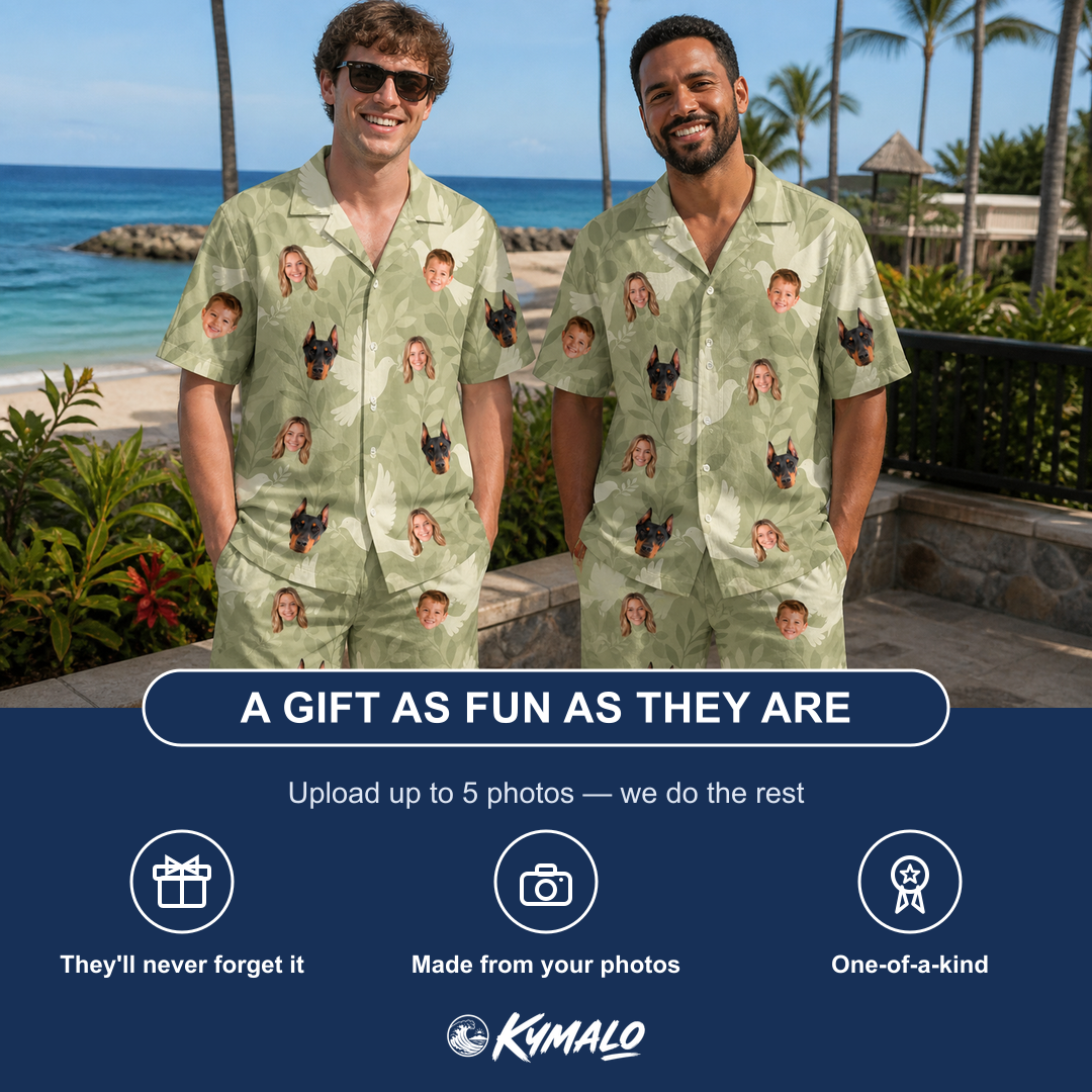 Friends in matching Men's Seaglass Serenade Custom Face Shirt & Shorts Set — a group gift photo