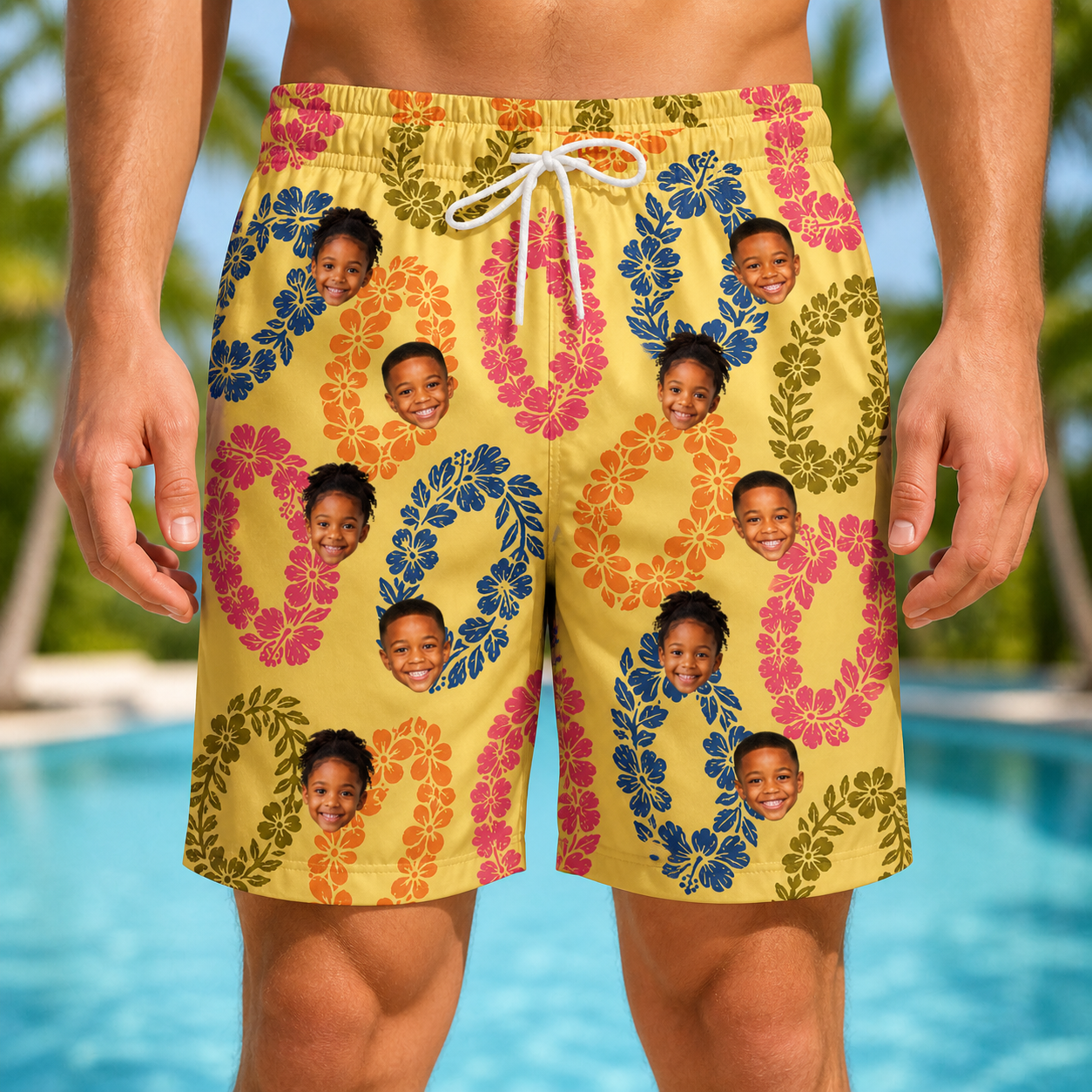 Model wearing Men's Leisure Lovers Custom Face Beach Shorts printed with kids' faces