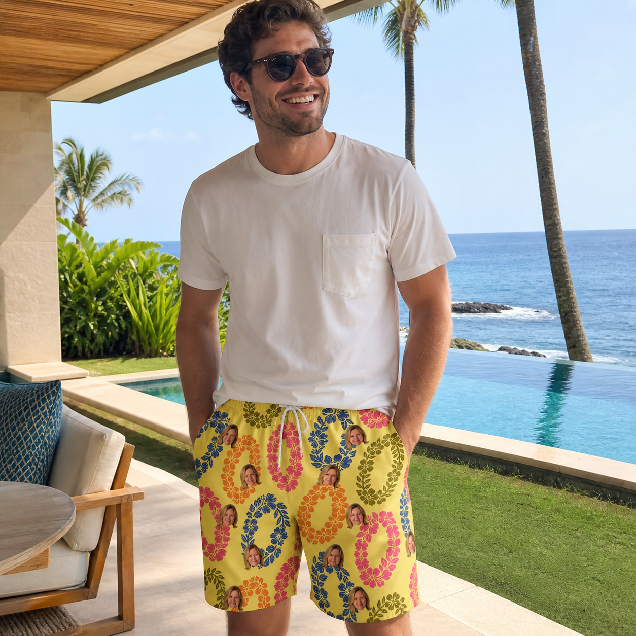 Real-life photo of someone wearing Men's Leisure Lovers Custom Face Beach Shorts — custom faces printed all-over