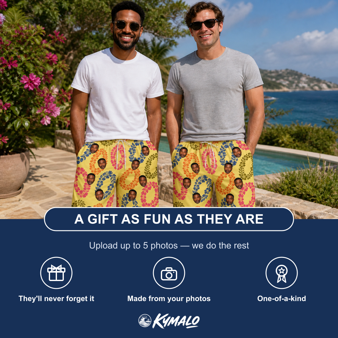 Friends in matching Men's Leisure Lovers Custom Face Beach Shorts — a group gift photo