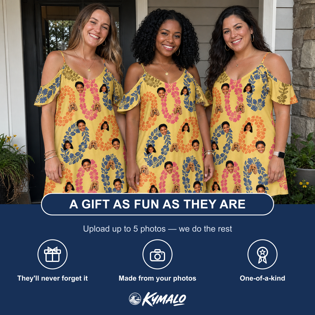 Friends in matching Women's Leisure Lovers Custom Face Off-Shoulder Dress — a group gift photo