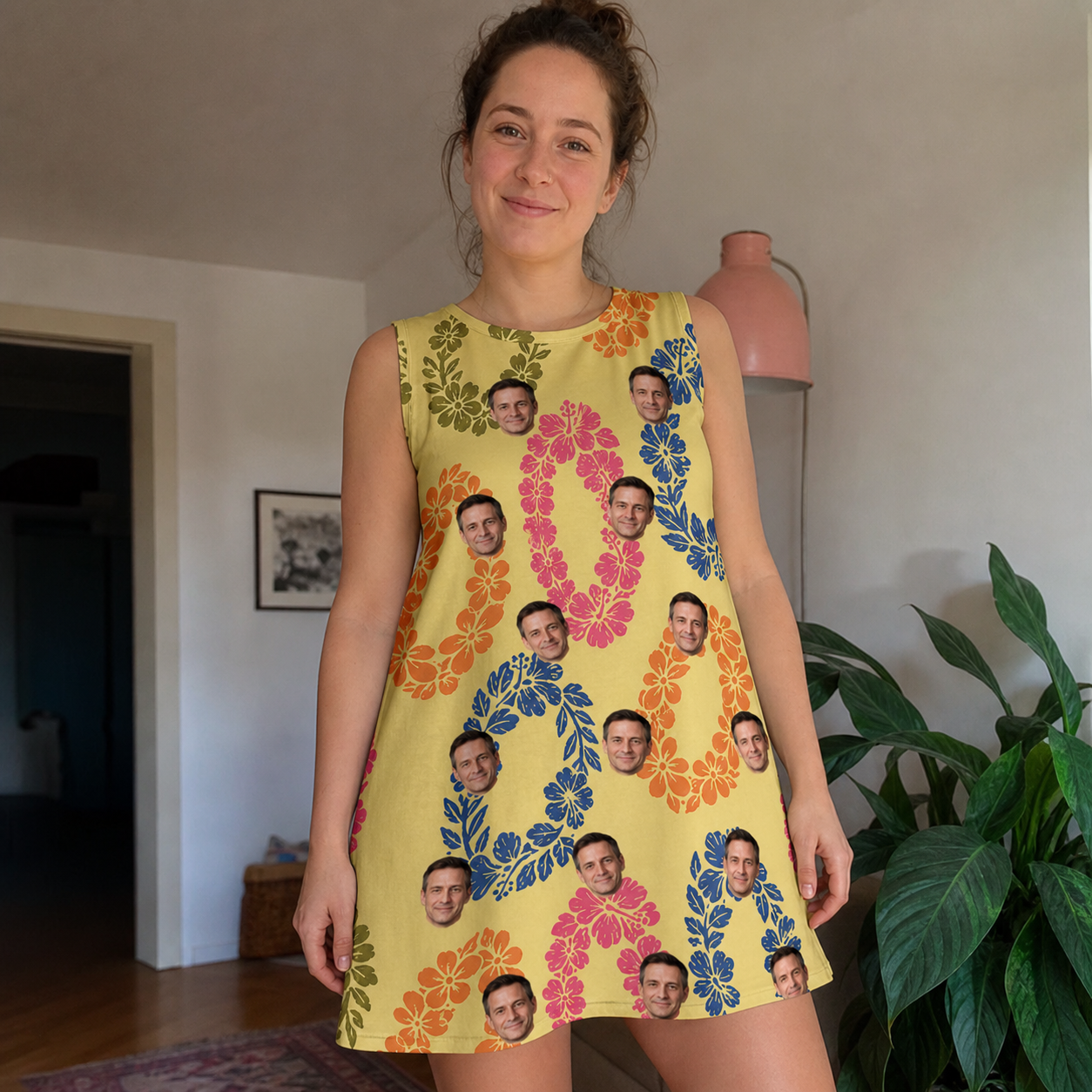 Real-life photo of someone wearing Women's Leisure Lovers Custom Face Tank Dress — custom faces printed all-over